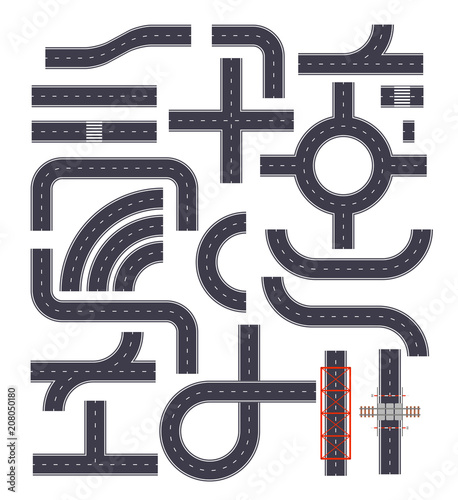 Collection of isolated connectable highway elements. Street roads with footpaths, crossroads and railway elements. Top view position. Vector illustration