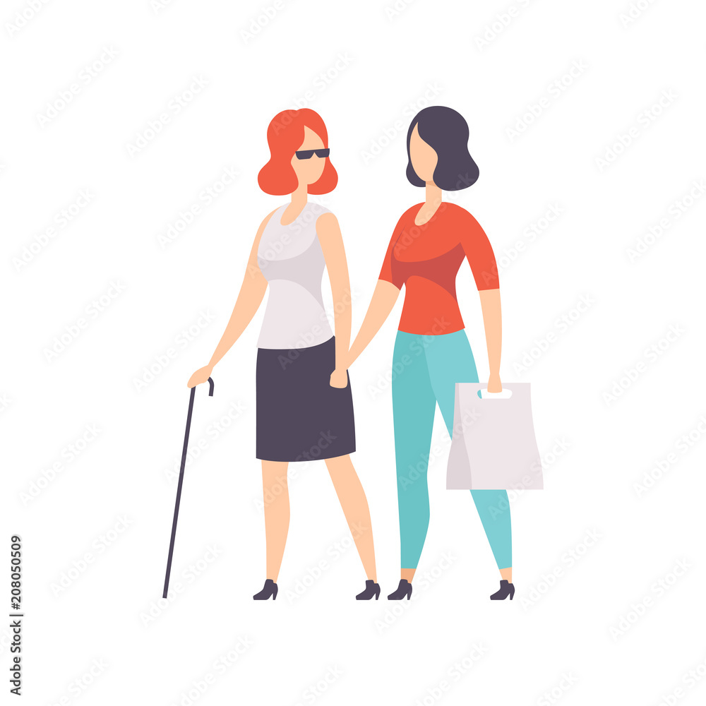 Blind girl and her friend supporting her, disabled person lifestyle and adaptation concept vector Illustration on a white background