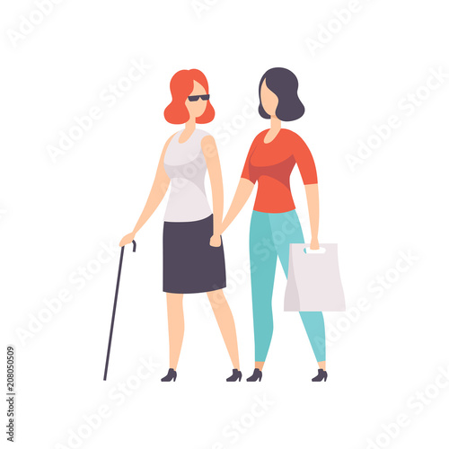 Blind girl and her friend supporting her, disabled person lifestyle and adaptation concept vector Illustration on a white background