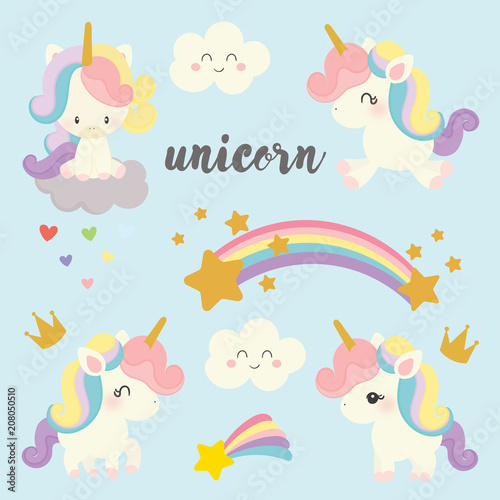 Obraz na plátně set of cute unicorn vector.