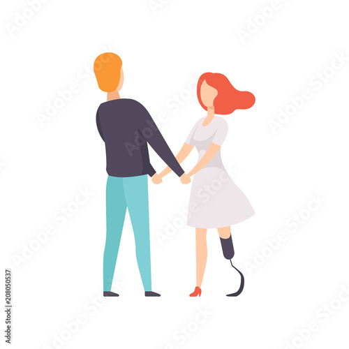 Young woman with prosthetic leg standing and holding hands with her boyfriend, disabled person enjoying full life vector Illustration on a white background