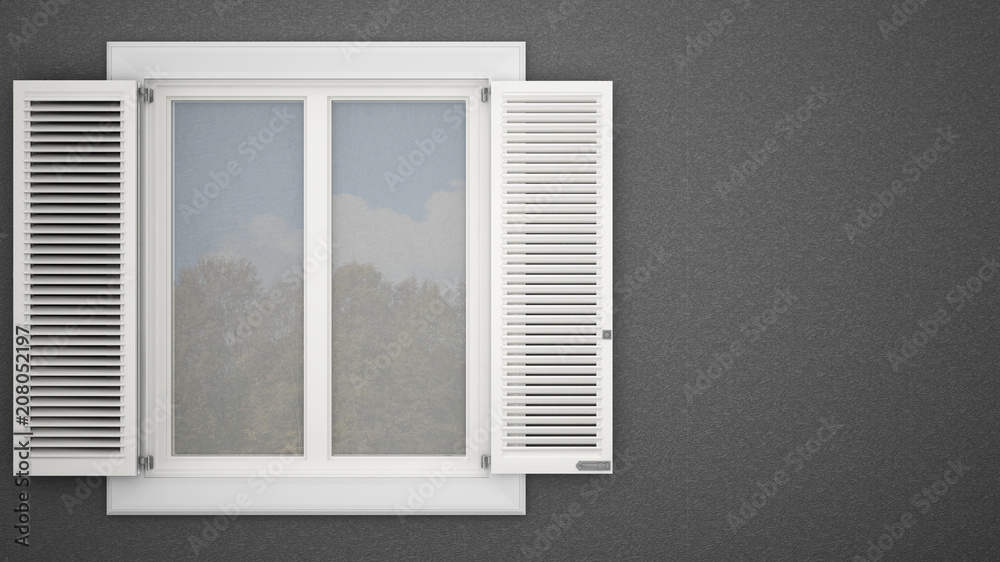 Exterior plaster wall with white window with shutters, garden reflections, dark gray background with copy space, architecture design concept Exterior plaster wall with white window with shutters, garden reflections, dark gray background with copy space, architecture design concept