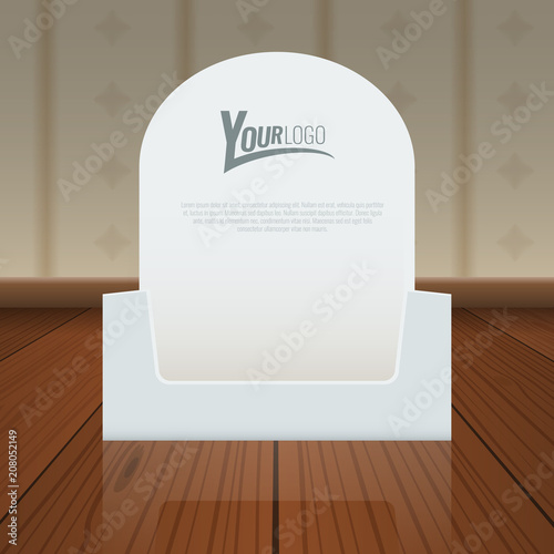 Empty Cardboard or visit card display box mockup with front viewpoint on wood floor. Vector Realistic drawing.