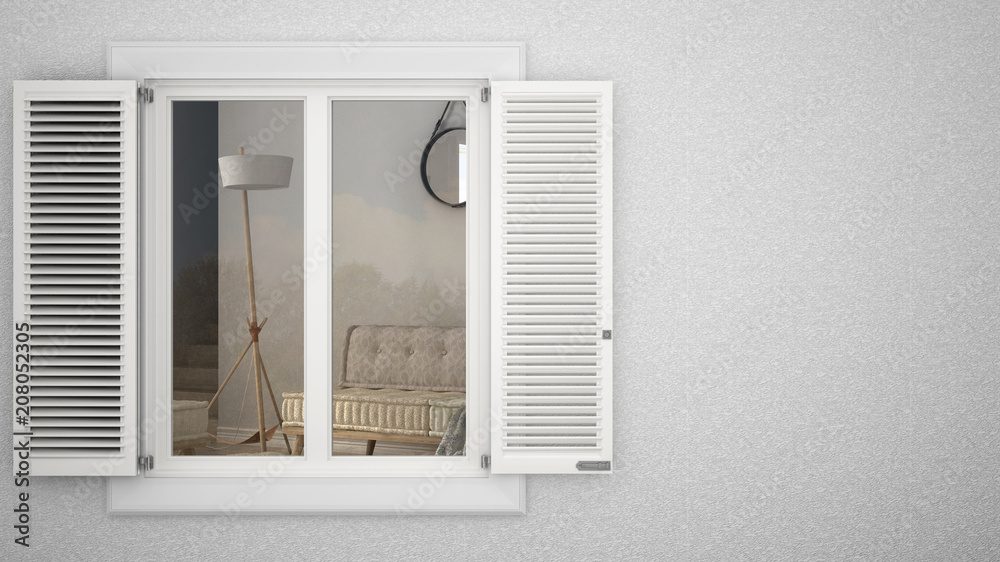 Exterior plaster wall with white window with shutters, showing interior scandinavian living room with armchairs, blank background with copy space, architecture design concept Exterior plaster wall with white window with shutters, showing interior scandinavian living room with armchairs, blank background with copy space, architecture design concept