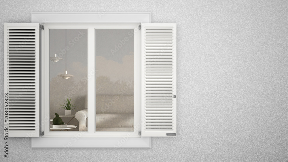 Exterior plaster wall with white window with shutters, showing interior modern living room with sofa, blank background with copy space, architecture design concept Exterior plaster wall with white window with shutters, showing interior modern living room with sofa, blank background with copy space, architecture design concept