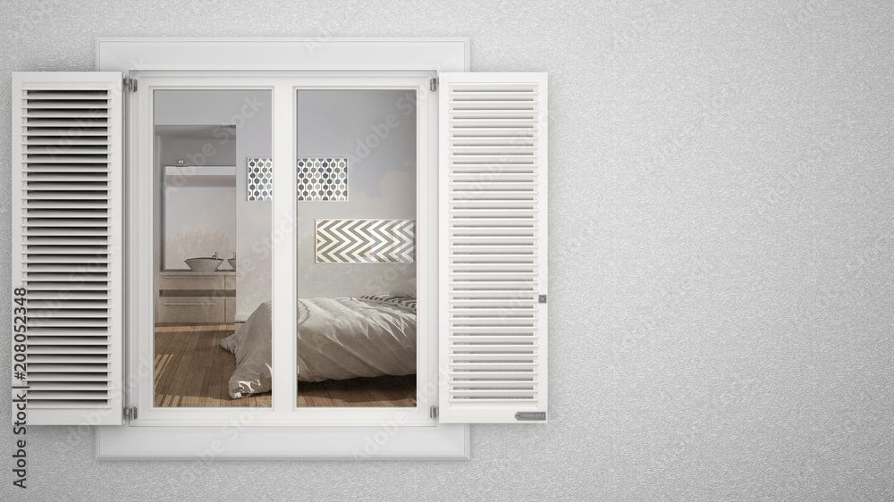Exterior plaster wall with white window with shutters, showing interior modern bedroom, blank background with copy space, architecture design concept Exterior plaster wall with white window with shutters, showing interior modern bedroom, blank background with copy space, architecture design concept