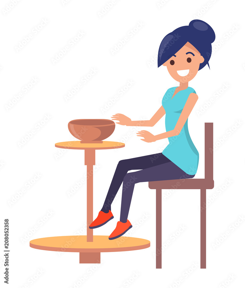 Cute Woman Creating a Clay Bowl, Vector Poster Cute Woman Creating a Clay Bowl, Vector Poster