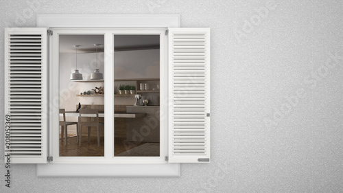 Exterior plaster wall with white window with shutters  showing interior modern kitchen with table  blank background with copy space  architecture design concept