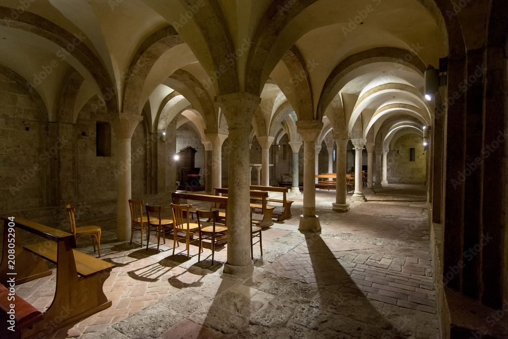 Tourist view of Rieti, in Lazio, Italy. The crypt of St. Mary Cathedral