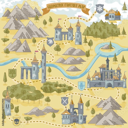 Fantasy Adventure simple map elements of geometric line art style in vector illustration format