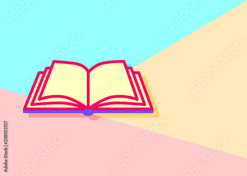 flat lay modern pastel colored open book icon with shadow on blue and pink background