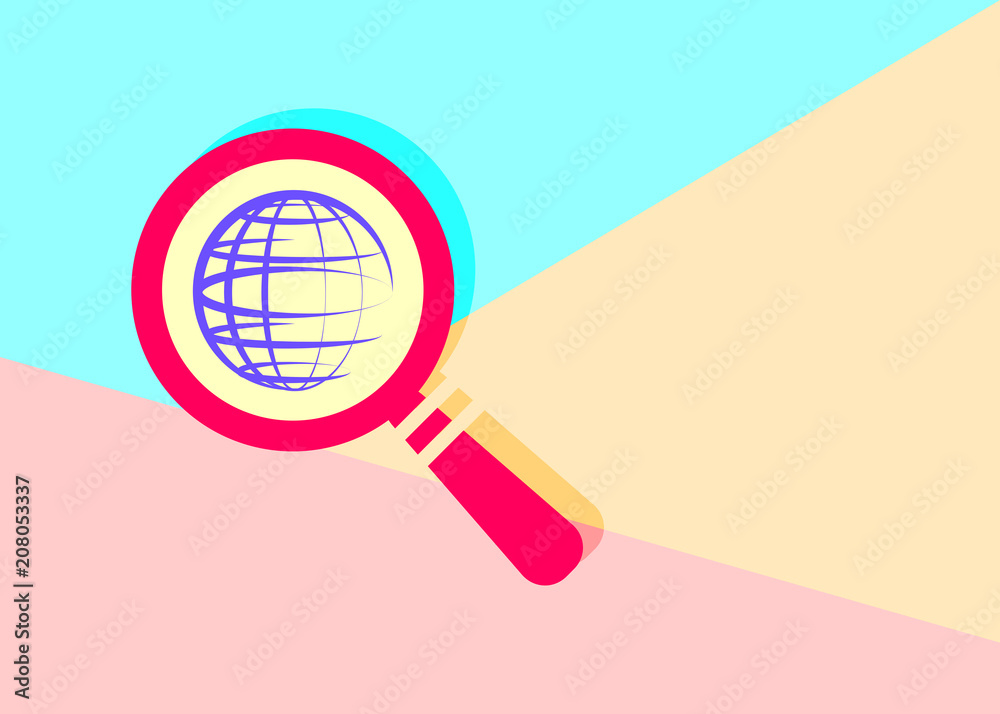 flat modern red magnifying glass with globe planet with shadow on blue and pink pastel colored background flat modern red magnifying glass with globe planet with shadow on blue and pink pastel colored background
