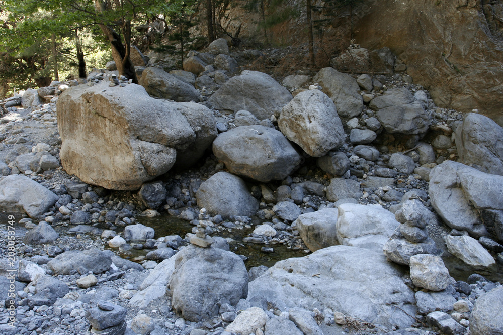 The stones and the small river in the mountain forest on the sunny day. The stones and the small river in the mountain forest on the sunny day.