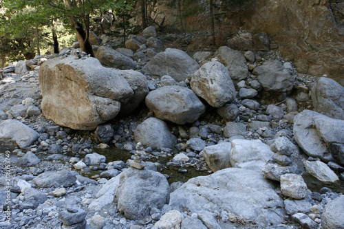 The stones and the small river in the mountain forest on the sunny day.