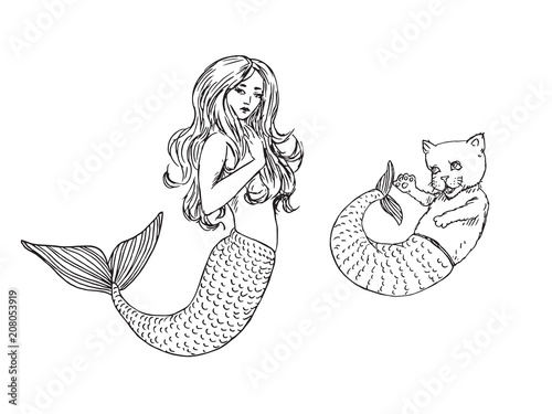 Mermaid and cat with fish tail, hand drawn outline doodle sketch, black and white vector illustration
