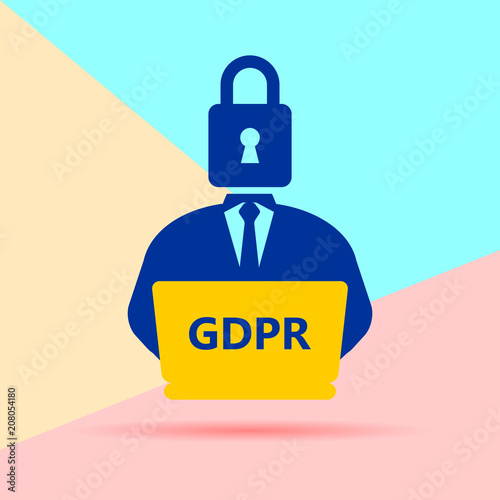 Flat modern art design graphic image of  man with a lock instead of a head and a laptop studying the law of GDPR concept icon on pink and blue background