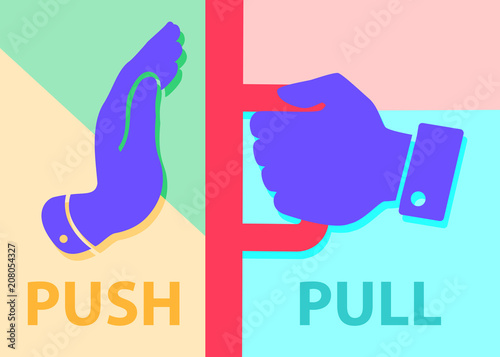 Flat modern art design graphic image of push and pull icon on pastel colored pink and blue background.