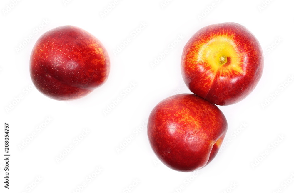 Ripe peaches isolated on white background, top view Ripe peaches isolated on white background, top view