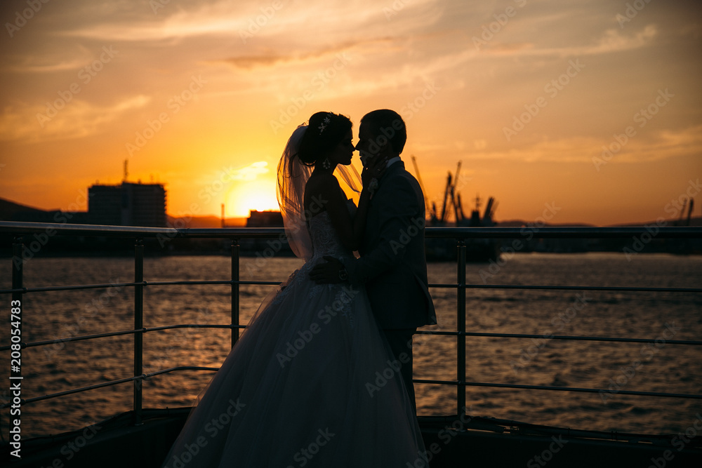 Portrait silhouettes of bride and groom standing on night city background and tenderly looking at each other at sunset. Concept of love and family, newlyweds at wedding day. Marriage concept.