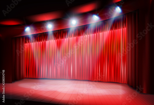 Theater stage before the premiere. Red curtain. Vector illustration.