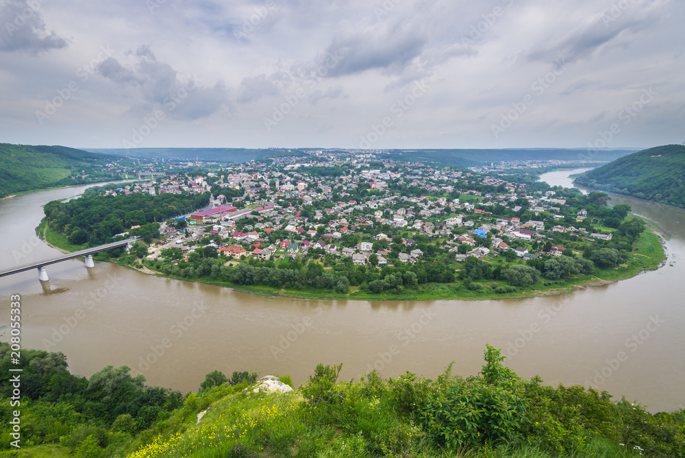 Dnister River and Zalishchyky city seen from viewpoint in Khreshchatyk village, Ukraine