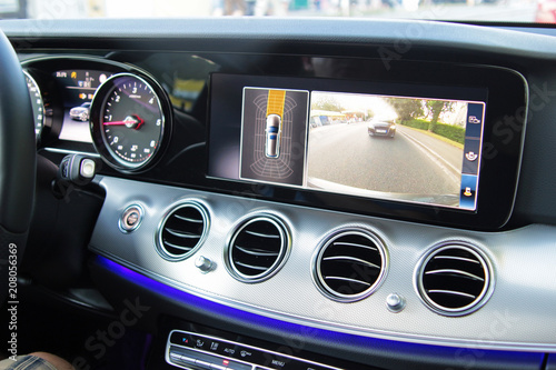 cockpit of a modern car with reverse camera