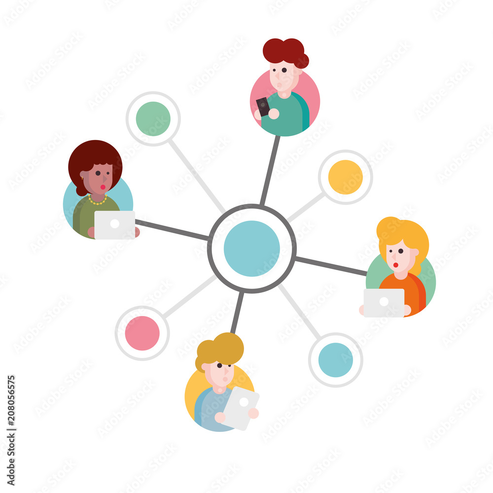 Vector illustration of an abstract social network scheme, which contains people icons connected to each other.