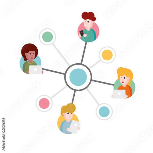 Vector illustration of an abstract social network scheme, which contains people icons connected to each other.
