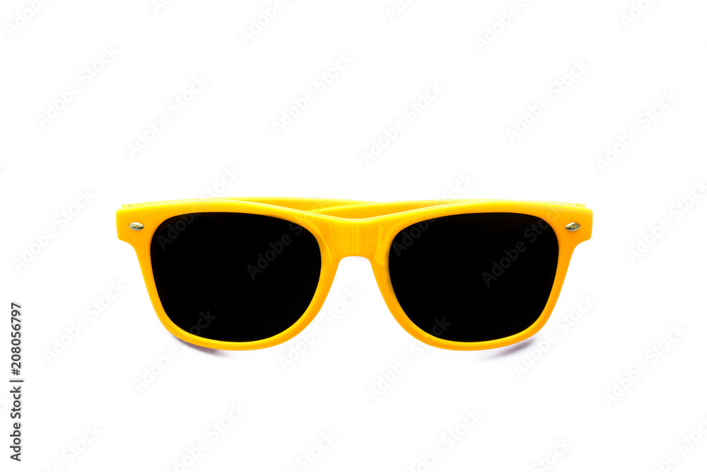 Summer yellow sunglasses isolated in seamless white background. Minimal design element for sun protection, hot days, tropical travel, summer vacations and beach holidays.