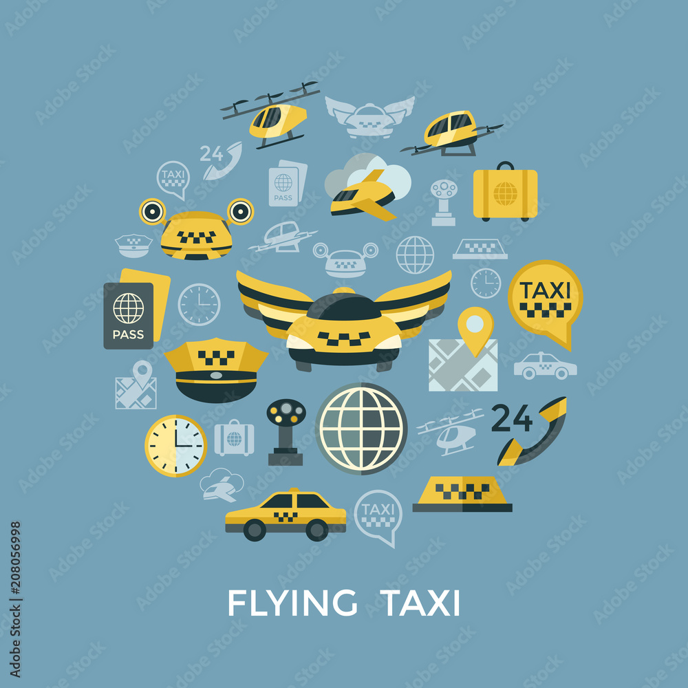 Digital vector flying taxi drone icon set
