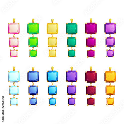 Jewelry pendants with gold and gemstones Precious necklaces for jewelry shop design. Vector illustration.