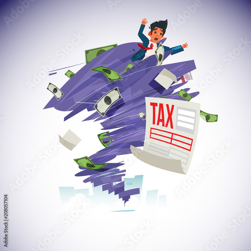 businessman with money and tax document tilt in tornado strom, tax management - vector