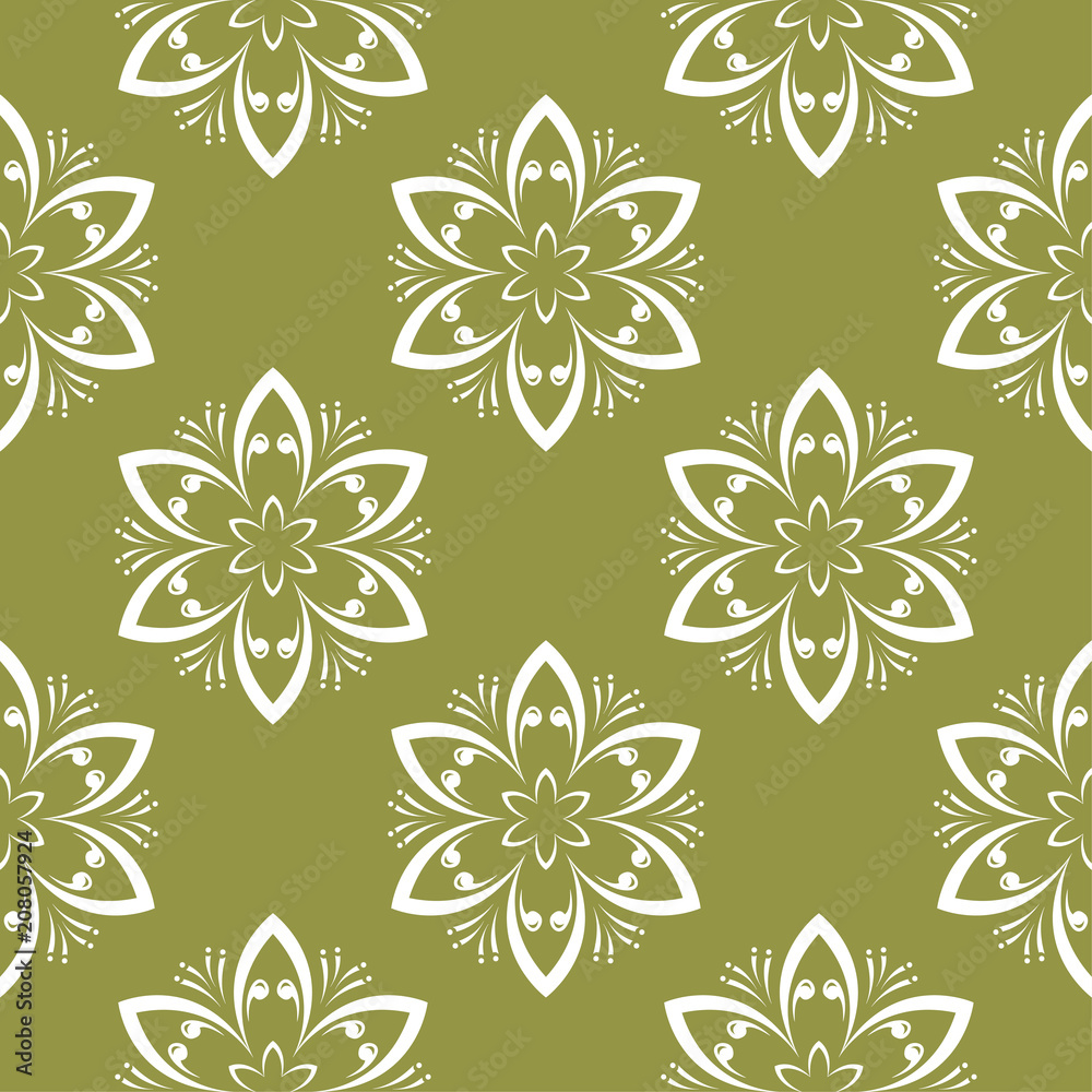 White floral seamless pattern on olive green background White floral seamless pattern on olive green background