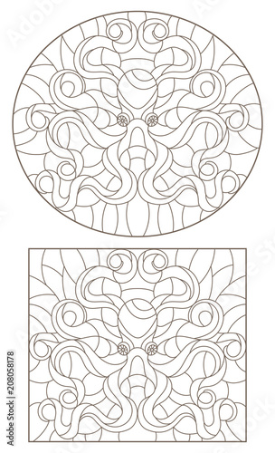 Set of contour illustrations in stained glass style with octopuses, round and rectangular image, dark contours on a white background