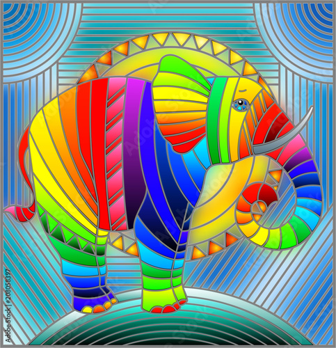 Illustration in stained glass style elephant abstract rainbow geometric background with sun