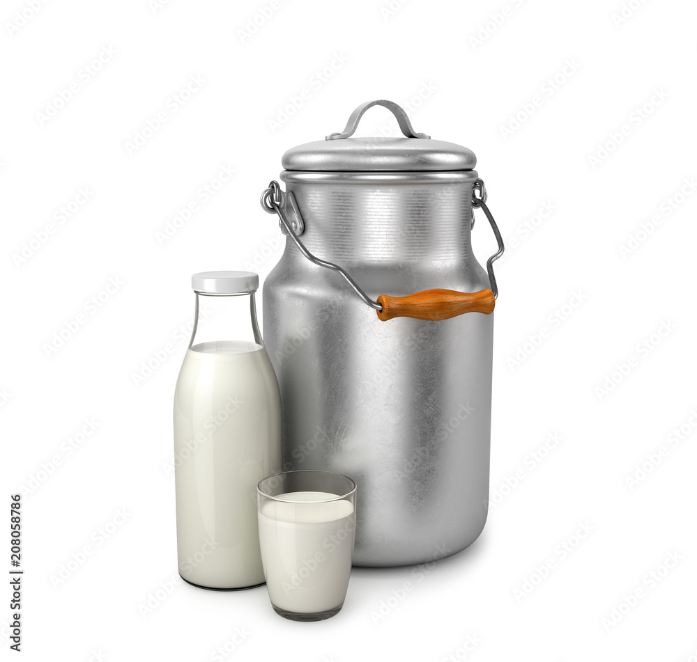 Aluminium metal can with glass bottle with milk. 3D illustration Aluminium metal can with glass bottle with milk. 3D illustration