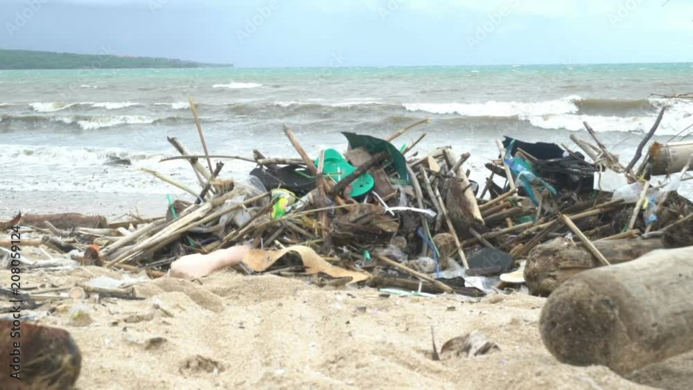 Pollution on the beach of tropical sea, full of garbage, ecological disaster, catastrophe in indonesia Pollution on the beach of tropical sea, full of garbage, ecological disaster, catastrophe in indonesia