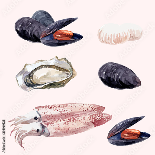 Watercolor sea food set