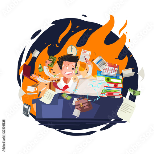 Stressed businessman working quickly and busy with fire in background. character design - vector