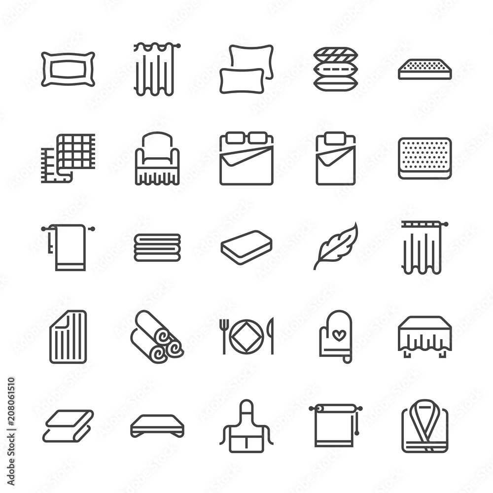 Bedding flat line icons. Orthopedics mattresses, bedroom linen, pillows, sheets set, blanket and duvet illustrations. Thin signs for interior store. Pixel perfect 48x48. - obrazy, fototapety, plakaty 