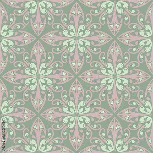 Olive green floral seamless pattern with pale pink elements. Background with flower designs