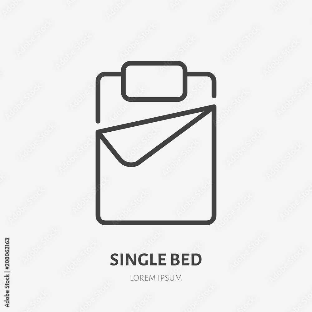 Single bed flat line icon. Bedding sign. Thin linear logo for interior store. Single bed flat line icon. Bedding sign. Thin linear logo for interior store.