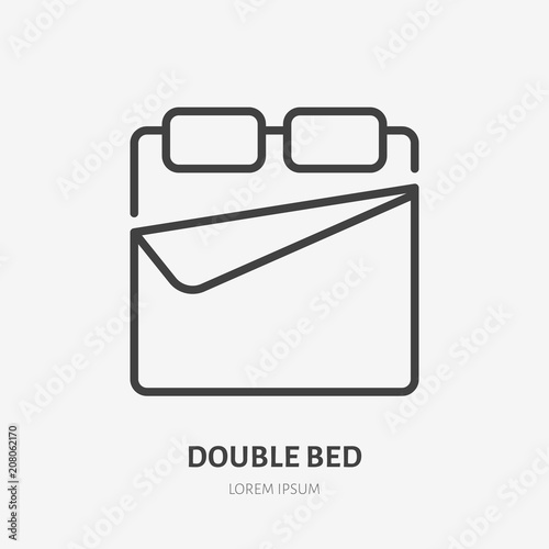 Double bed flat line icon. Bedding sign. Thin linear logo for interior store.