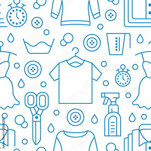 Dry cleaning, laundry blue seamless pattern with line icons. Laundromat service equipment, clothing repair, garment washing, shirts. Background for launderette.