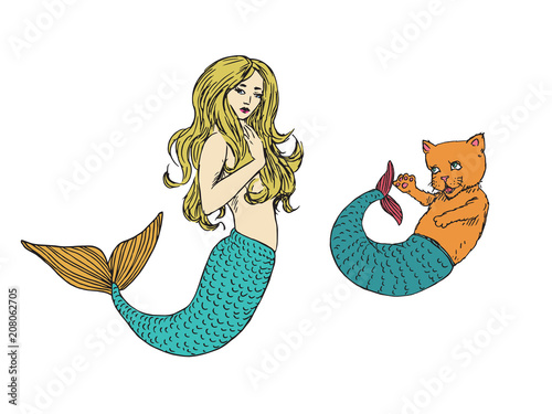 Blonde mermaid and cat with fish tail, hand drawn doodle sketch, vector color illustration