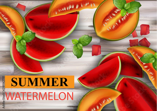 Summer watermelon and melon Vector. Fruits slices on wooden backgrounds