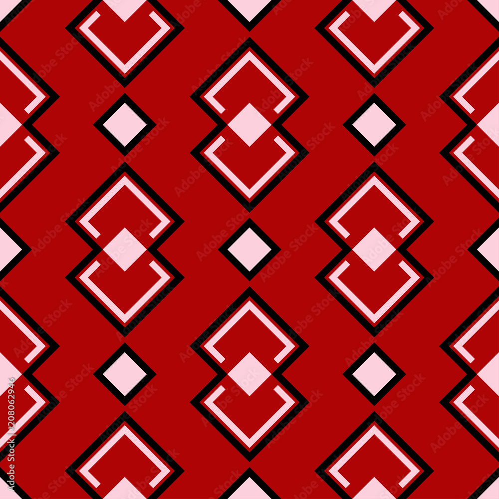 Geometric seamless pattern. Black and white elements on red background Geometric seamless pattern. Black and white elements on red background
