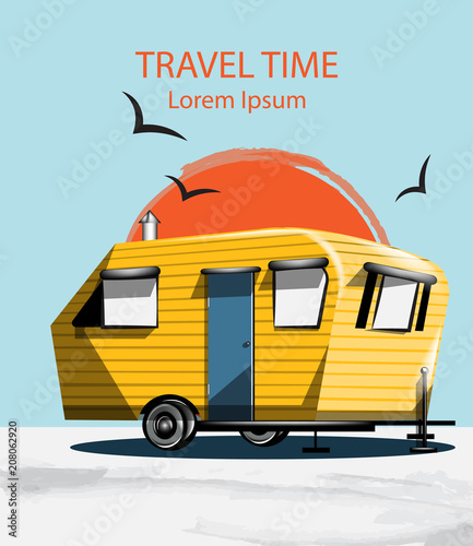 Summer Travel car Vector. Camping trailer on blue backgrounds