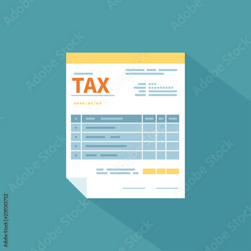 Tax form icon with a long shadow. Unfilled minimalistic paper document. Government, State taxes. Payment of tax, accounts, bills concept. Isolated icon. Vector illustration