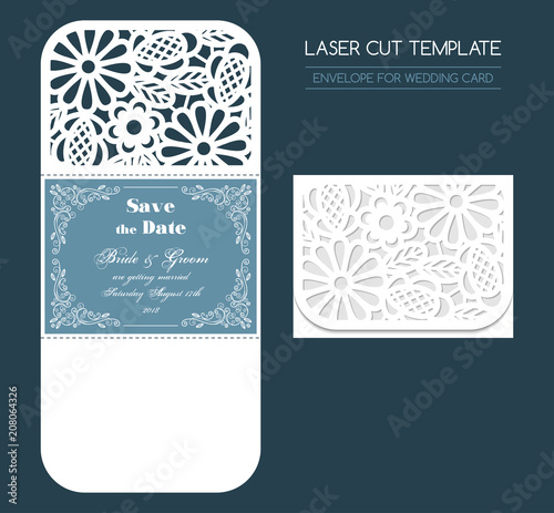 Envelope for wedding invitation or greeting card. Template for laser cutting. Vector illustration